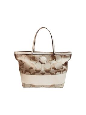 Vintage Coach Signature F17433Stripe Tote Bag Jacquard Canvas Cream Leather